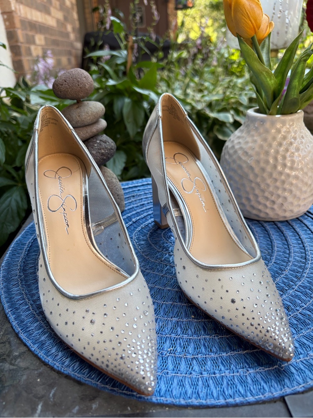 Jessica Simpson Cream Crystal-Embellished Pointed-Toe Pumps